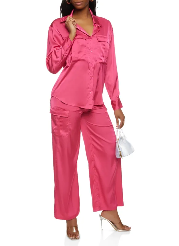 Satin Button Front Cargo Pocket Shirt sold by Rainbow