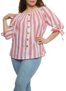 Plus Size Striped Faux Button Front Blouse sold by Rainbow
