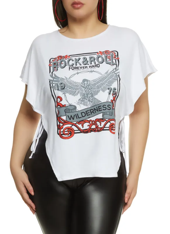Plus Size Tie Side Rock and Roll Graphic Top sold by Rainbow