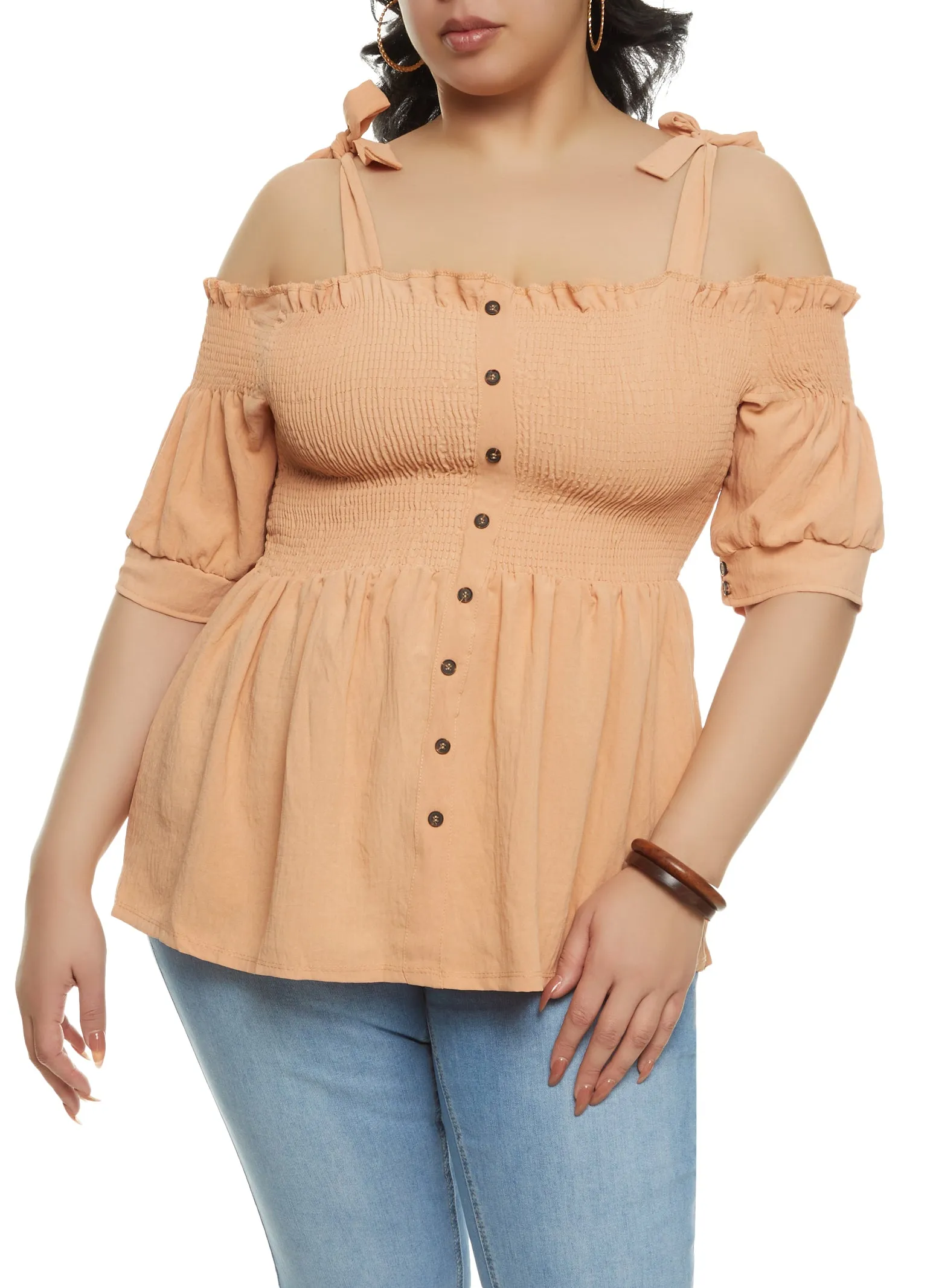 Plus Size Smocked Button Front Cold Shoulder Top sold by Rainbow