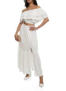 Tiered Ruffled Off the Shoulder Crop Top sold by Rainbow