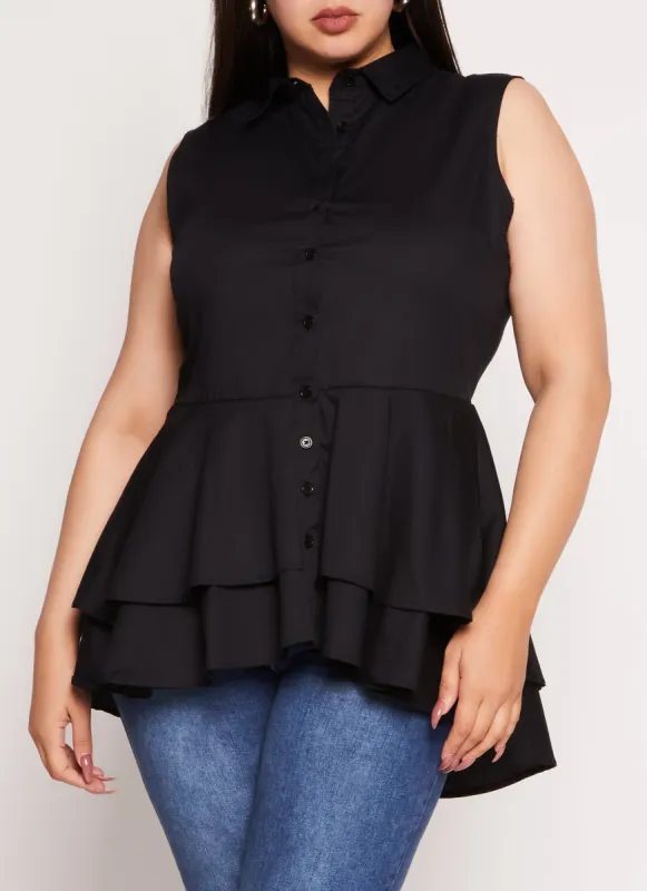 Plus Size Sleeveless Tiered Button Front Shirt sold by Rainbow