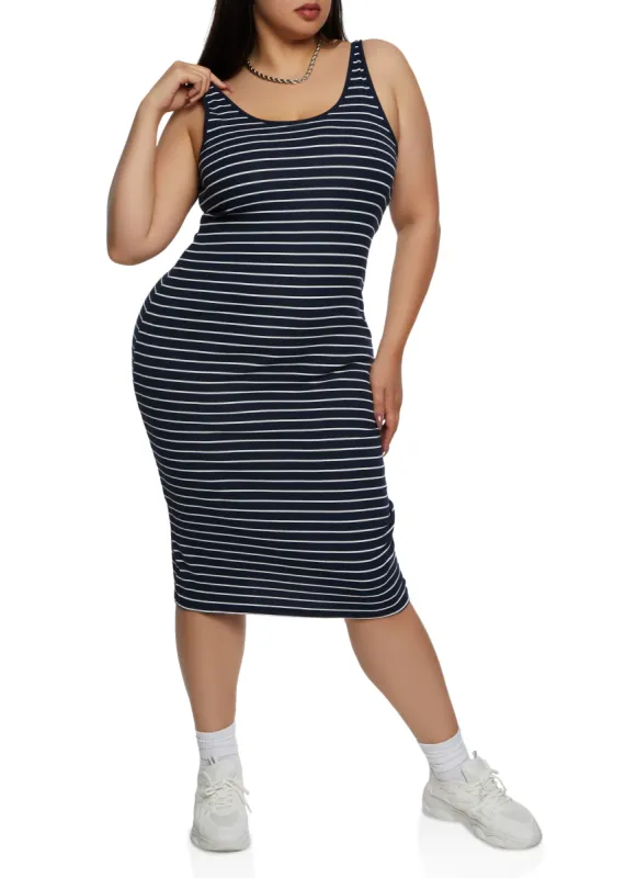 Plus Size Rib Knit Striped Midi Tank Dress sold by Rainbow