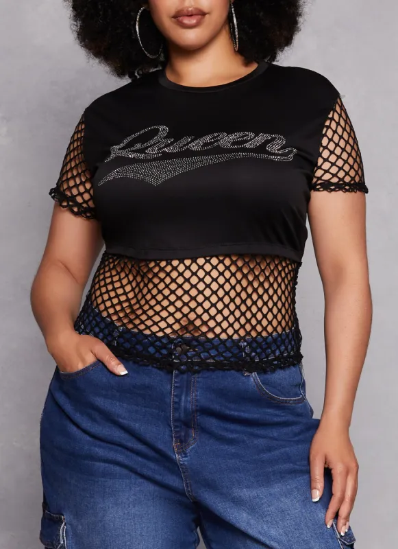 Plus Size Fishnet Queen Rhinestone Graphic Tee sold by Rainbow