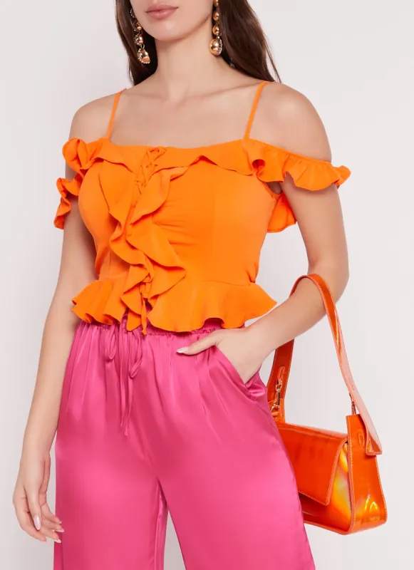 Iris Ruffle Trim Lace Up Cold Shoulder Blouse sold by Rainbow