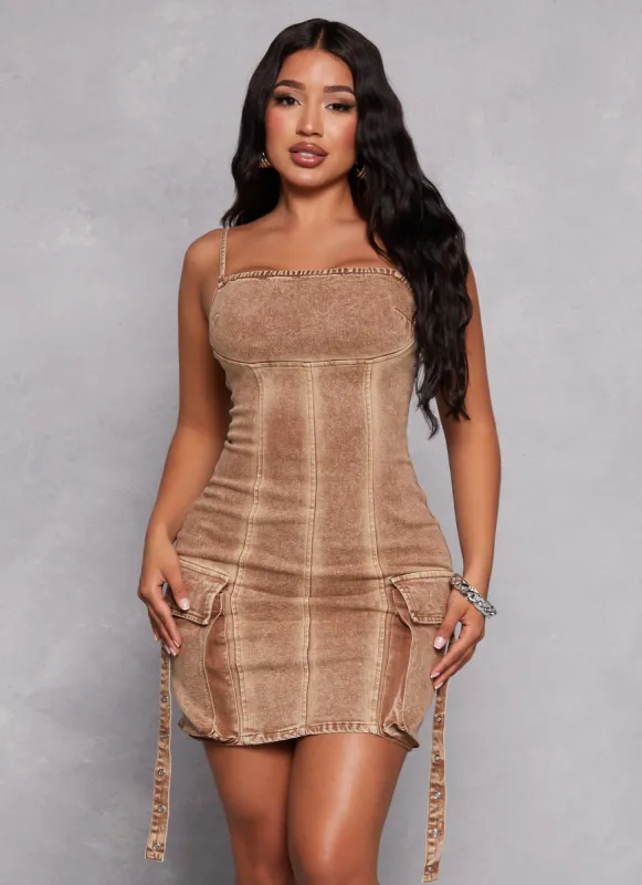 Denim Acid Wash Cargo Pocket Cami Dress sold by Rainbow