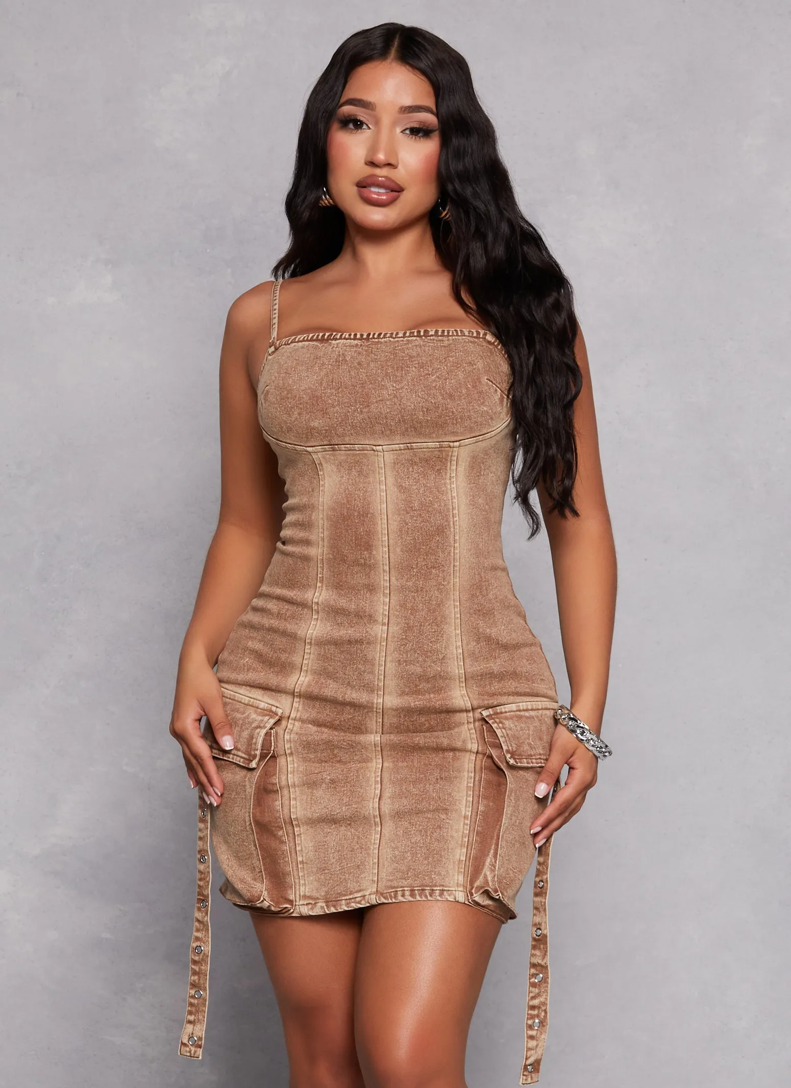 Denim Acid Wash Cargo Pocket Cami Dress sold by Rainbow