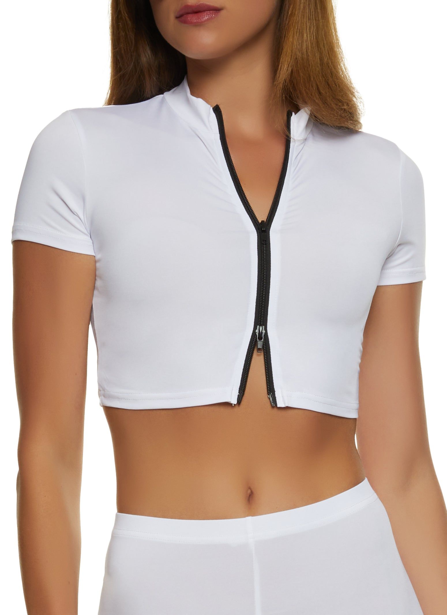 Zip Front Short Sleeve Crop Top sold by Rainbow