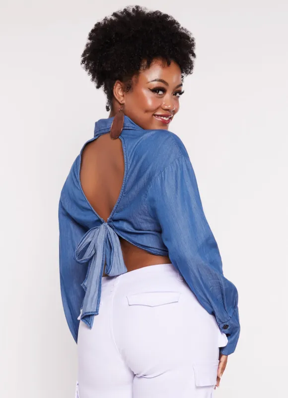 Plus Size Denim Open Tie Back Button Front Shirt sold by Rainbow