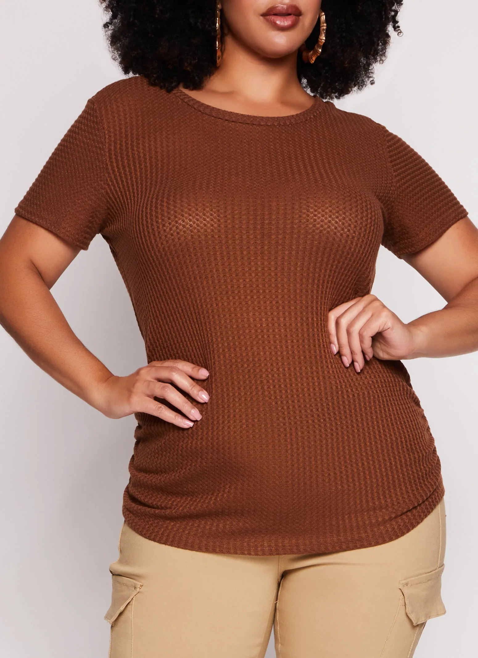 Plus Size Waffle Knit Crew Neck Ruched Tee sold by Rainbow