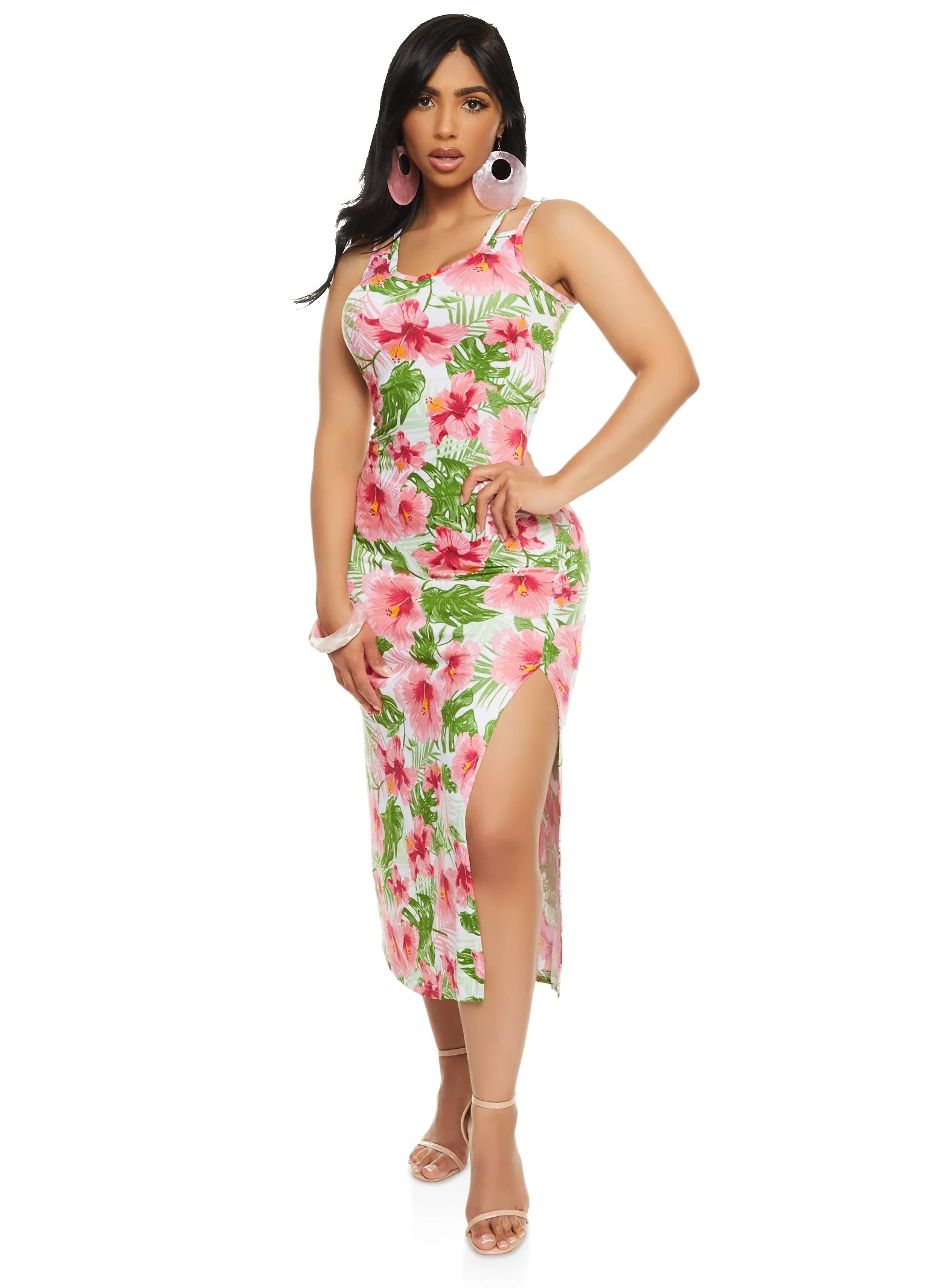 Tropical Print Side Slit Maxi Tank Dress sold by Rainbow