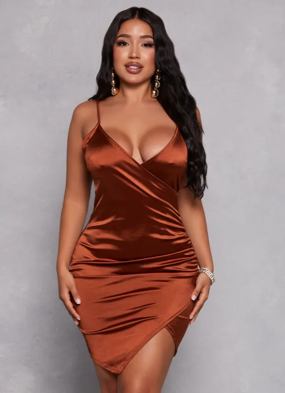 Satin Faux Wrap Ruched Cami Dress sold by Rainbow