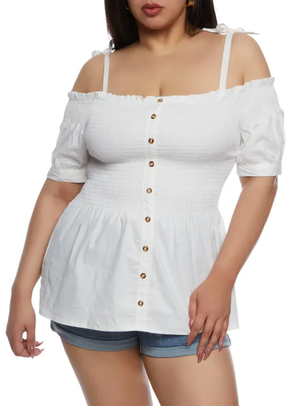 Plus Size Tie Strap Smocked Cold Shoulder Top sold by Rainbow
