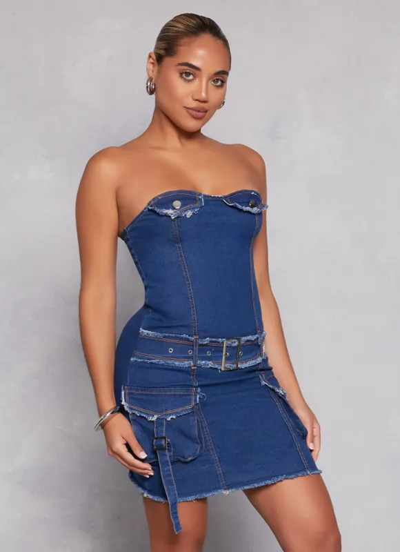 Denim Belted Strapless Dress sold by Rainbow