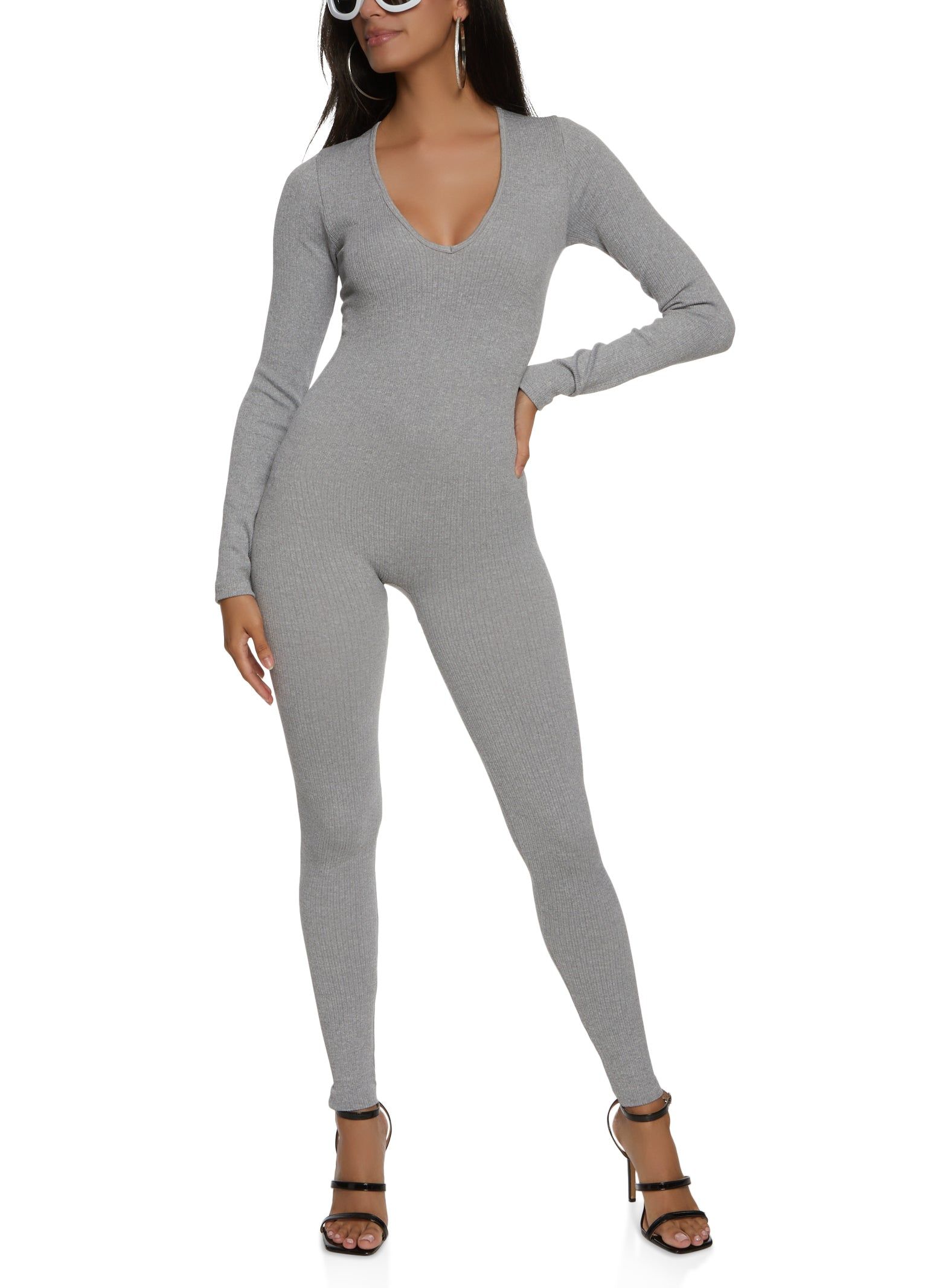 Ribbed Long Sleeve V Neck Jumpsuit sold by Rainbow