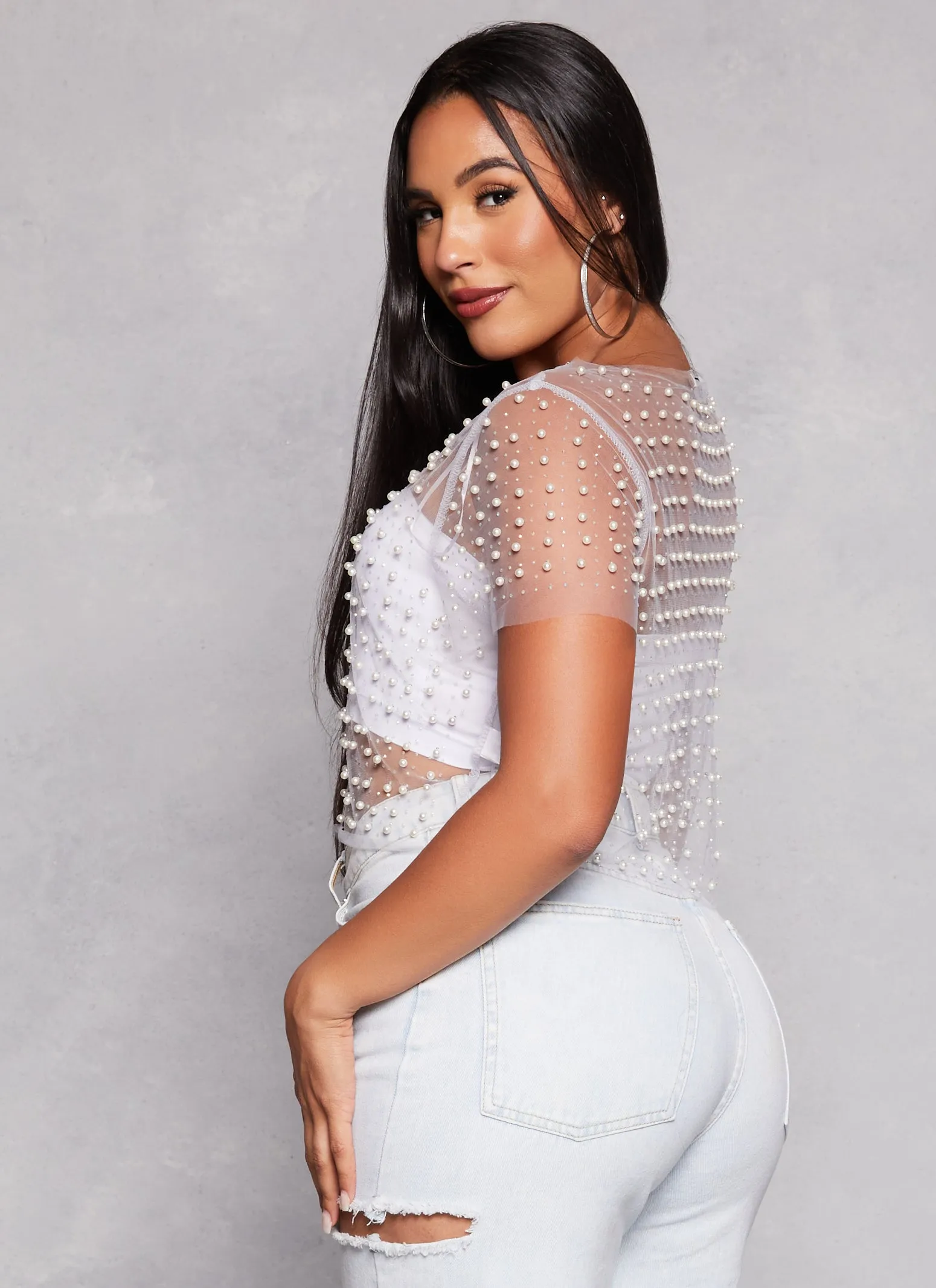 Haute Monde Mesh Rhinestone Faux Pearl Short Sleeve Top sold by Rainbow product image thumbnail 3