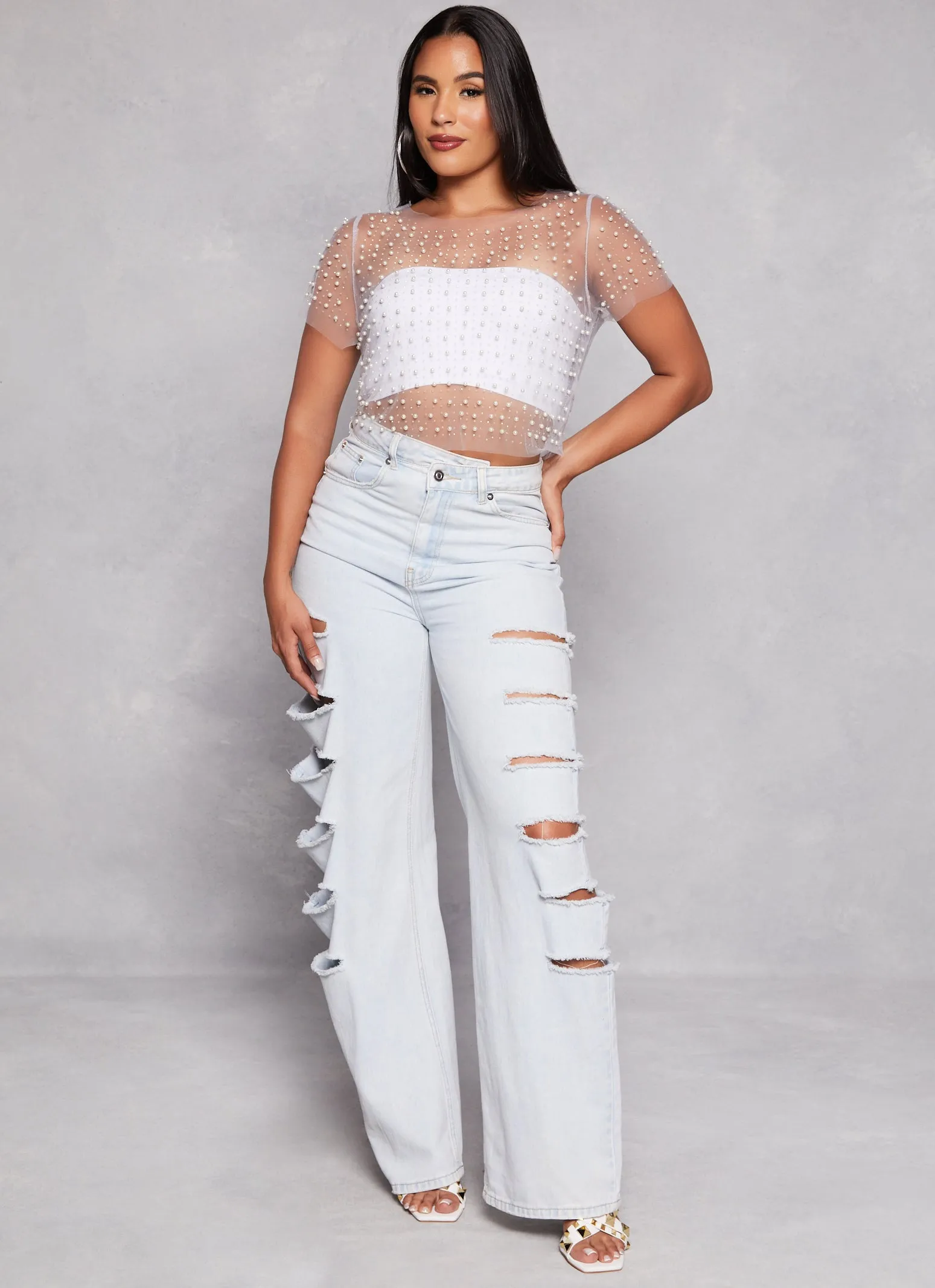 Haute Monde Mesh Rhinestone Faux Pearl Short Sleeve Top sold by Rainbow product image thumbnail 2