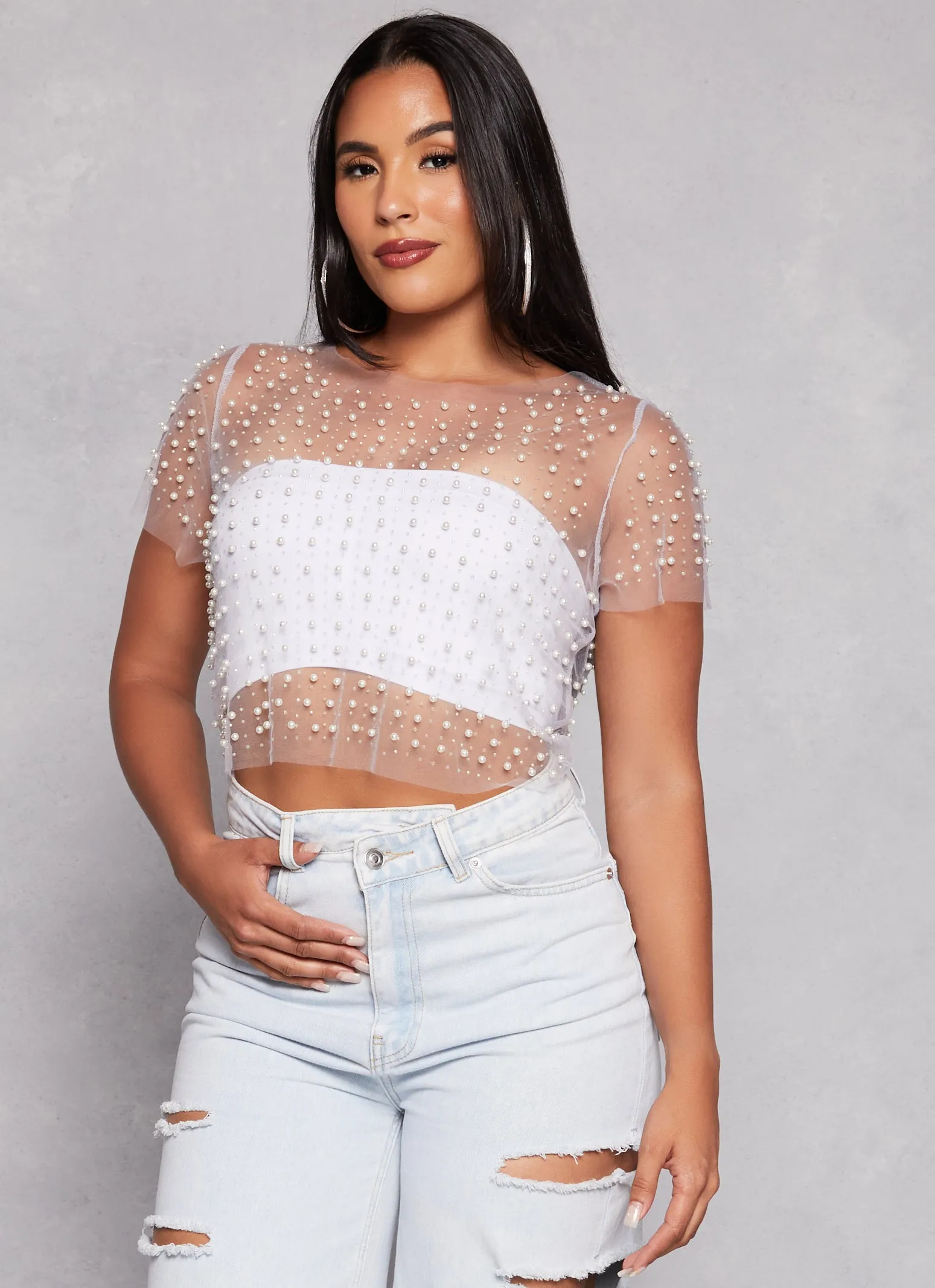 Haute Monde Mesh Rhinestone Faux Pearl Short Sleeve Top sold by Rainbow