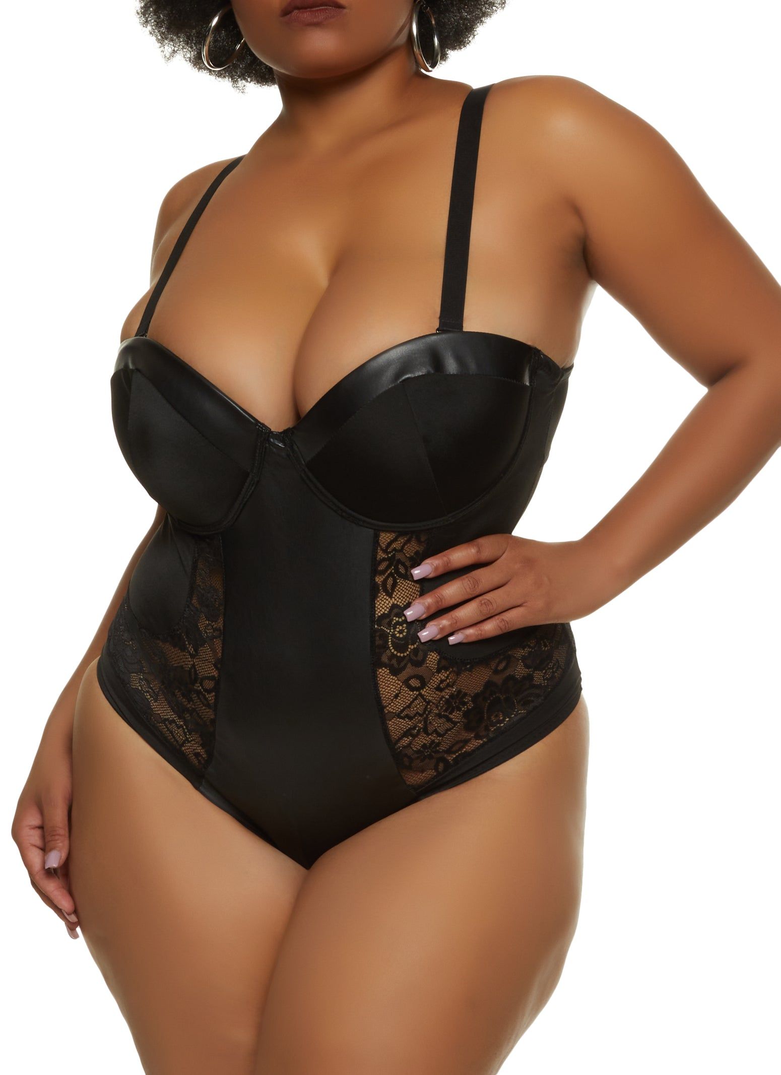 Plus Size Faux Leather Lace Bustier Bodysuit sold by Rainbow