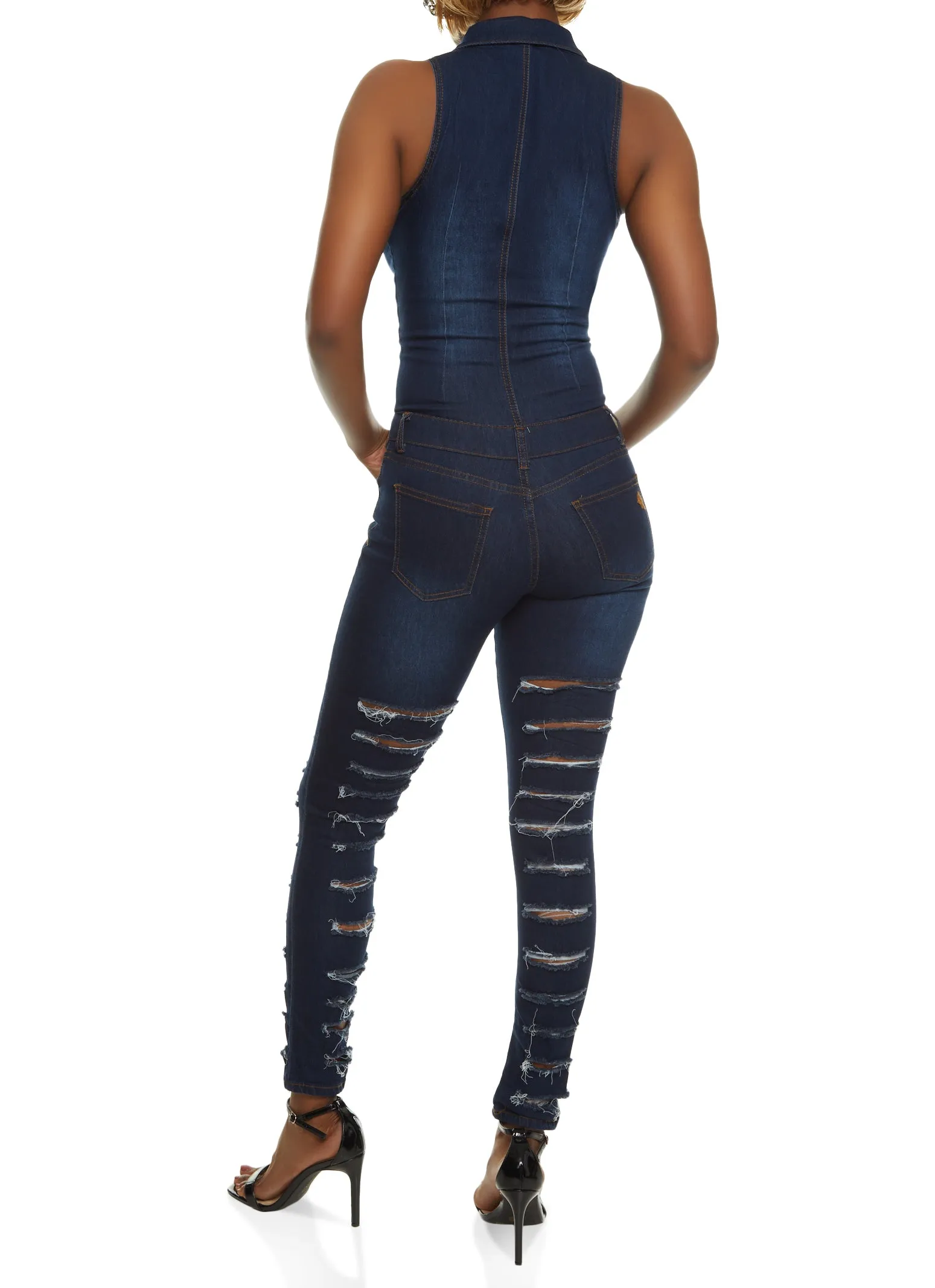 VIP Distressed Zip Front Sleeveless Denim Jumpsuit sold by Rainbow product image thumbnail 2