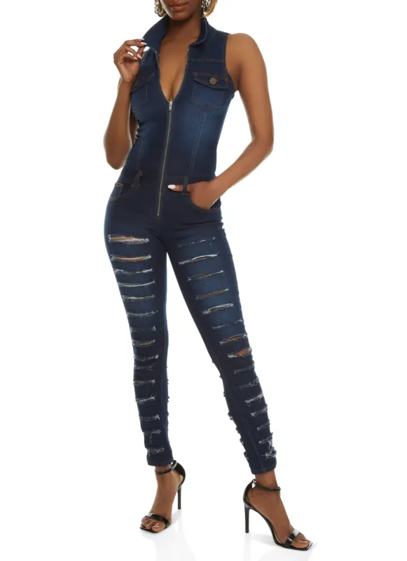 VIP Distressed Zip Front Sleeveless Denim Jumpsuit sold by Rainbow
