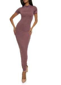 Solid Short Sleeve Mock Neck Maxi Dress sold by Rainbow
