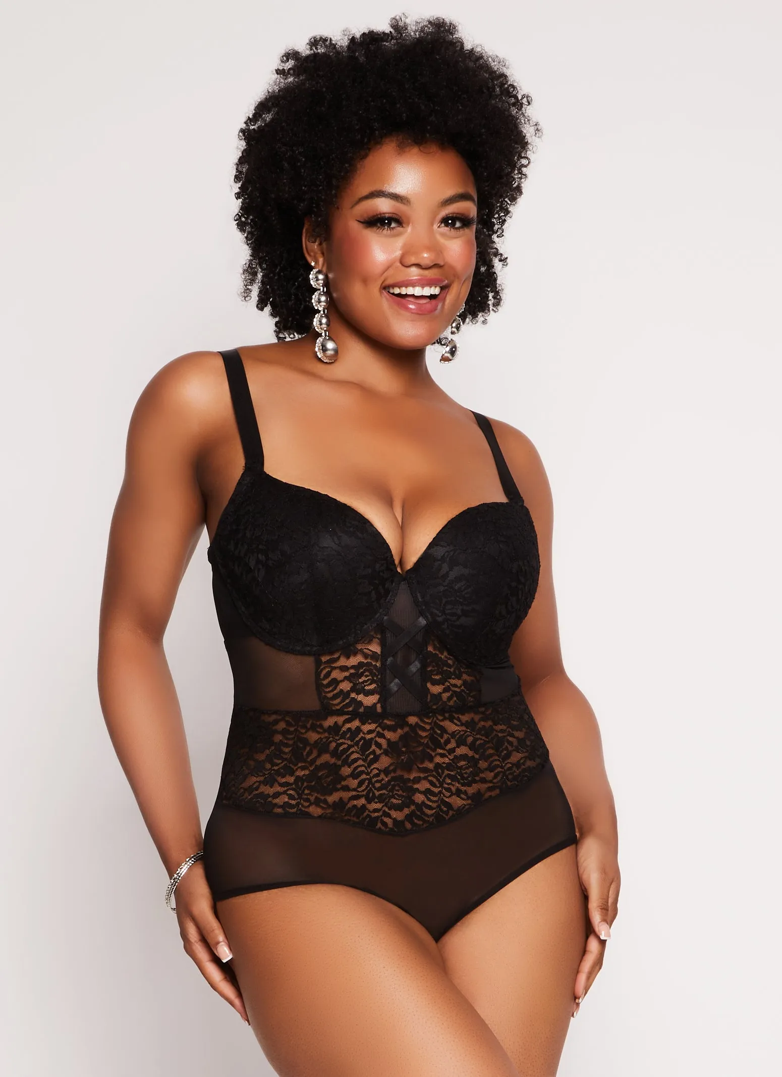 Plus Size Floral Lace Mesh Detail Bodysuit sold by Rainbow