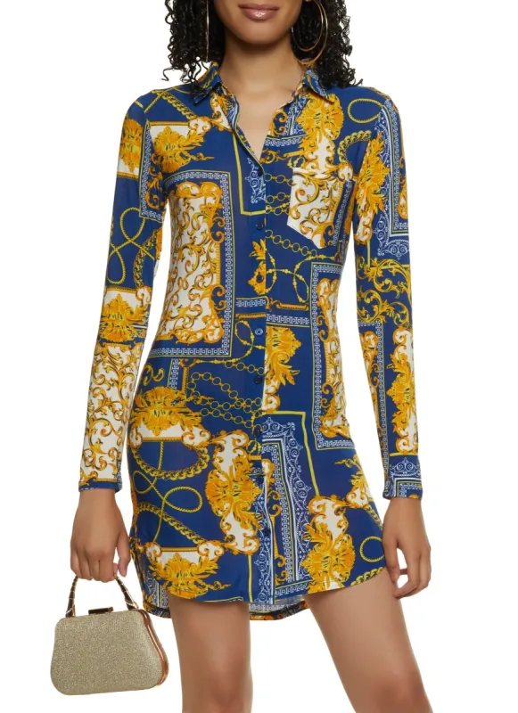 Chain Status Print Button Front Shirt Dress sold by Rainbow