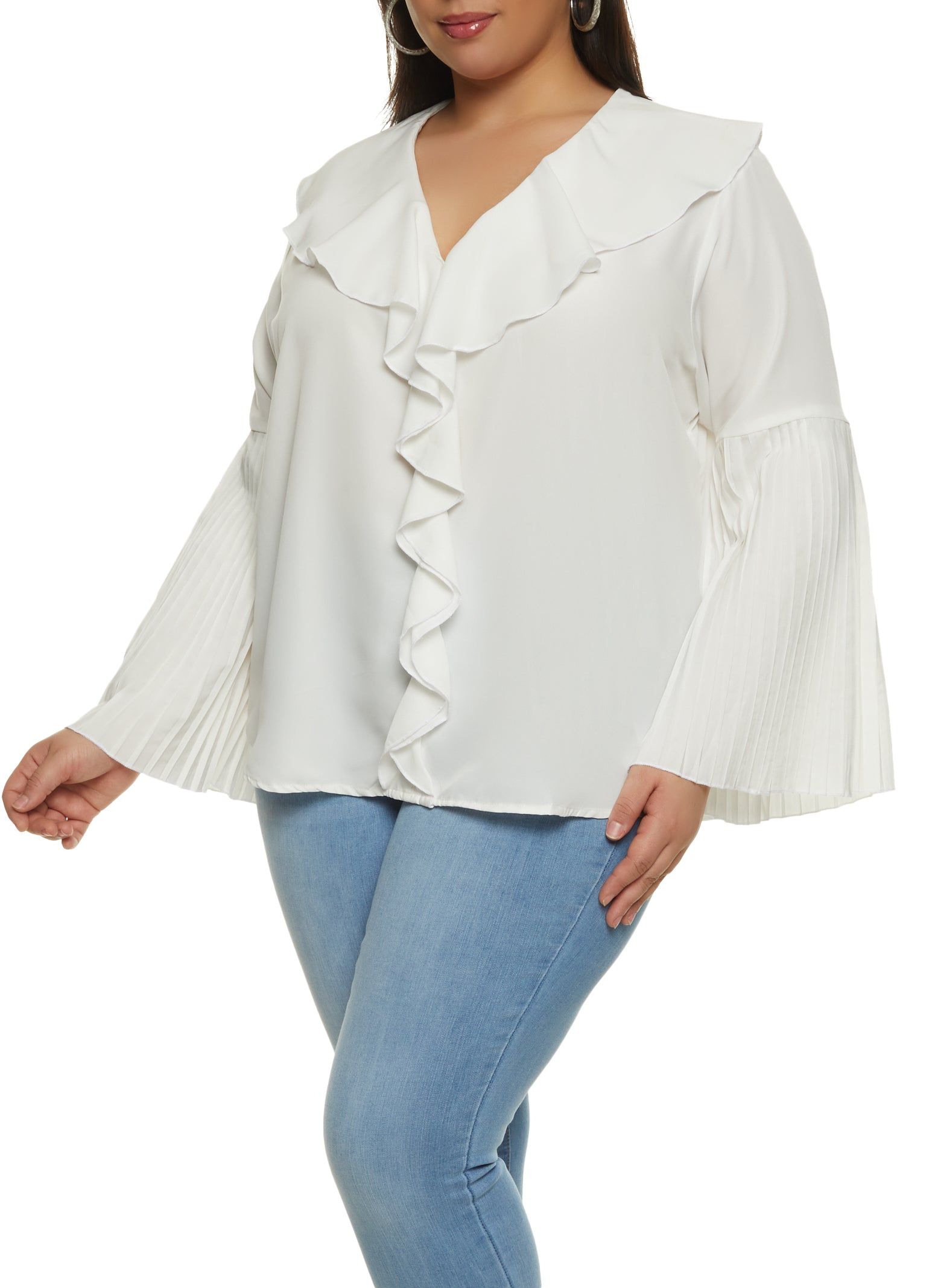 Plus Size Pleated Bell Sleeve Ruffle Front Blouse sold by Rainbow