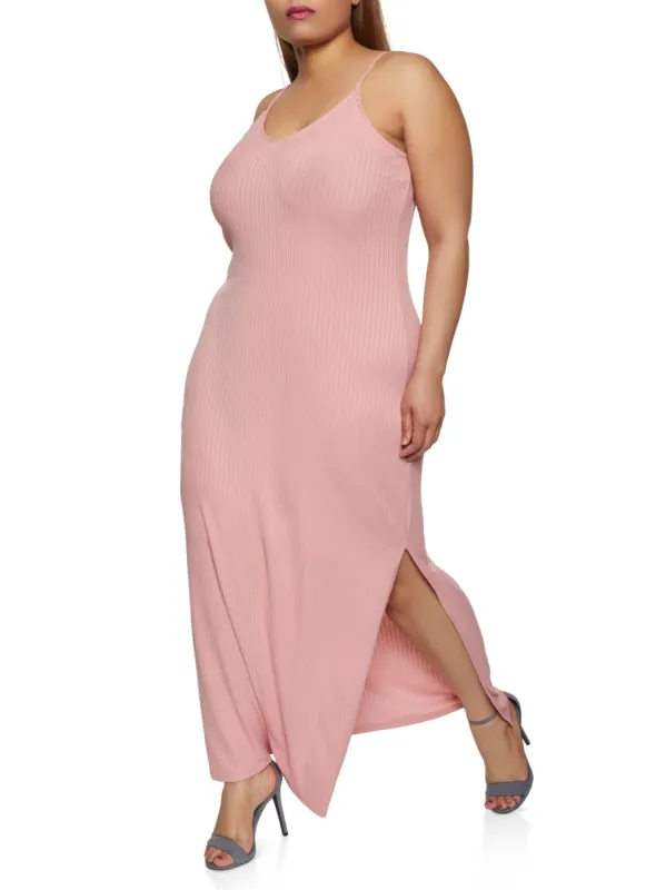 Plus Size Ribbed Knit Solid Side Slit Dress sold by Rainbow