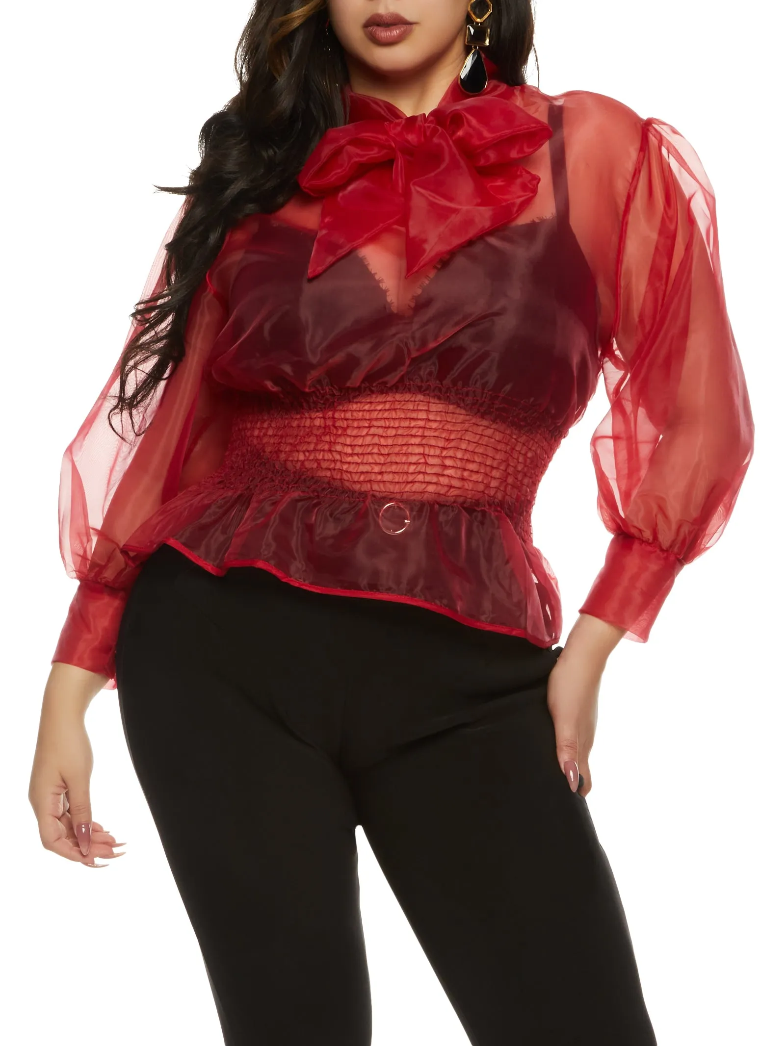 Plus Size Organza Tie Neck Smocked Blouse sold by Rainbow