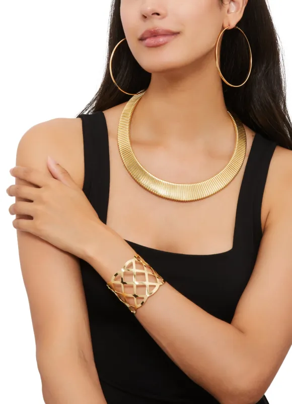 Metallic Herringbone Necklace with Cuff Bracelet and Earrings sold by Rainbow