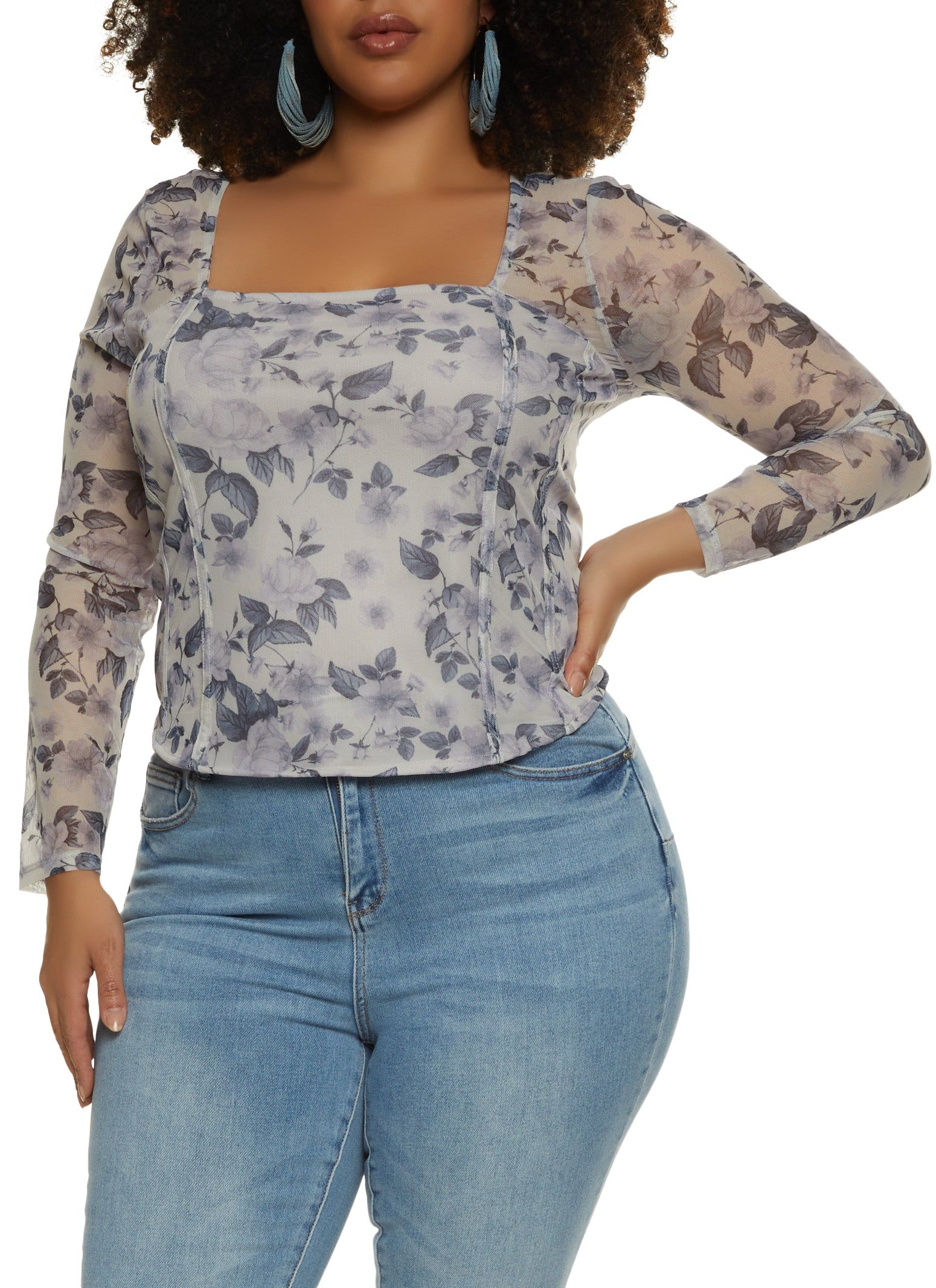 Plus Size Mesh Printed Long Sleeve Corset Top sold by Rainbow