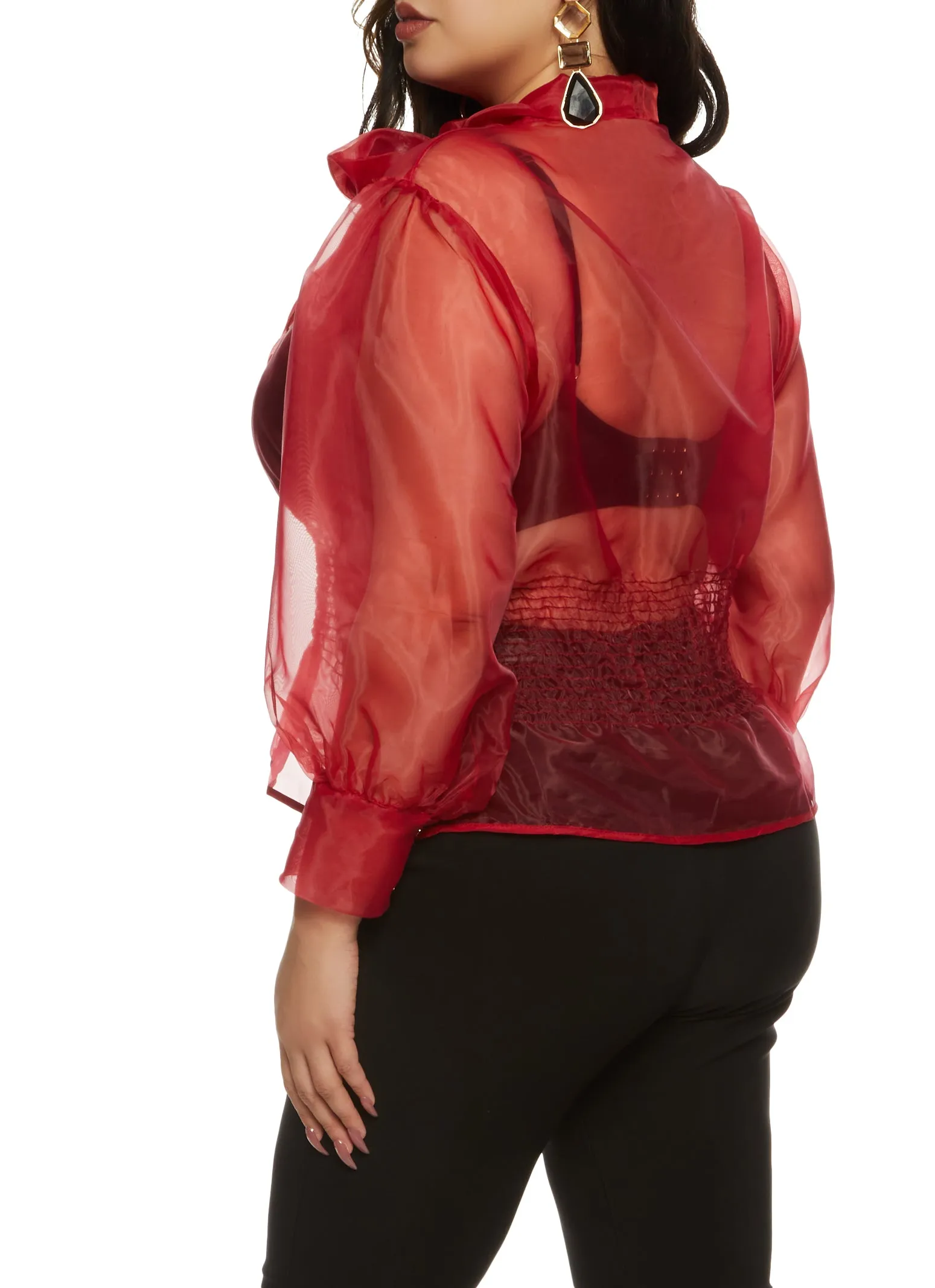 Plus Size Organza Tie Neck Smocked Blouse sold by Rainbow product image thumbnail 2