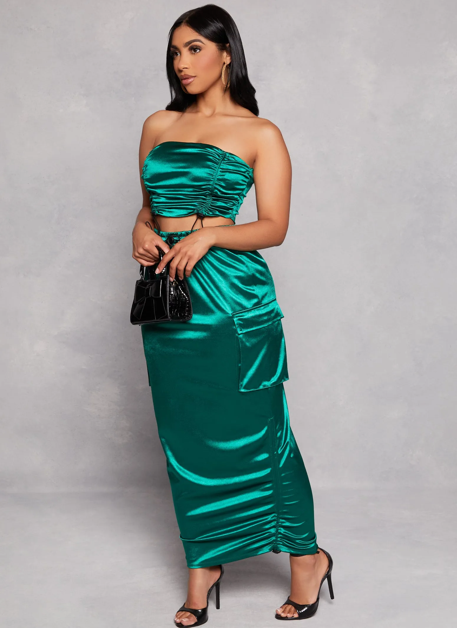 Satin Drawstring Side Cargo Maxi Skirt sold by Rainbow