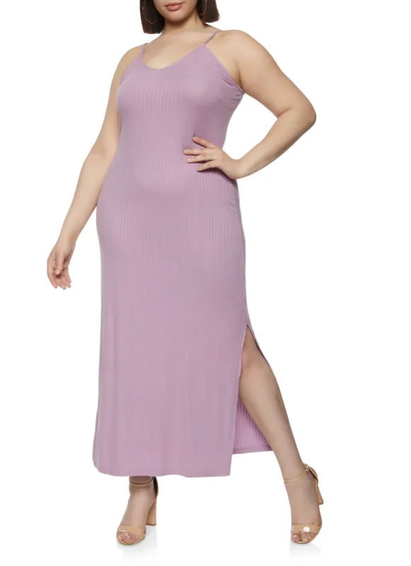 Plus Size Ribbed Knit Solid Side Slit Dress sold by Rainbow