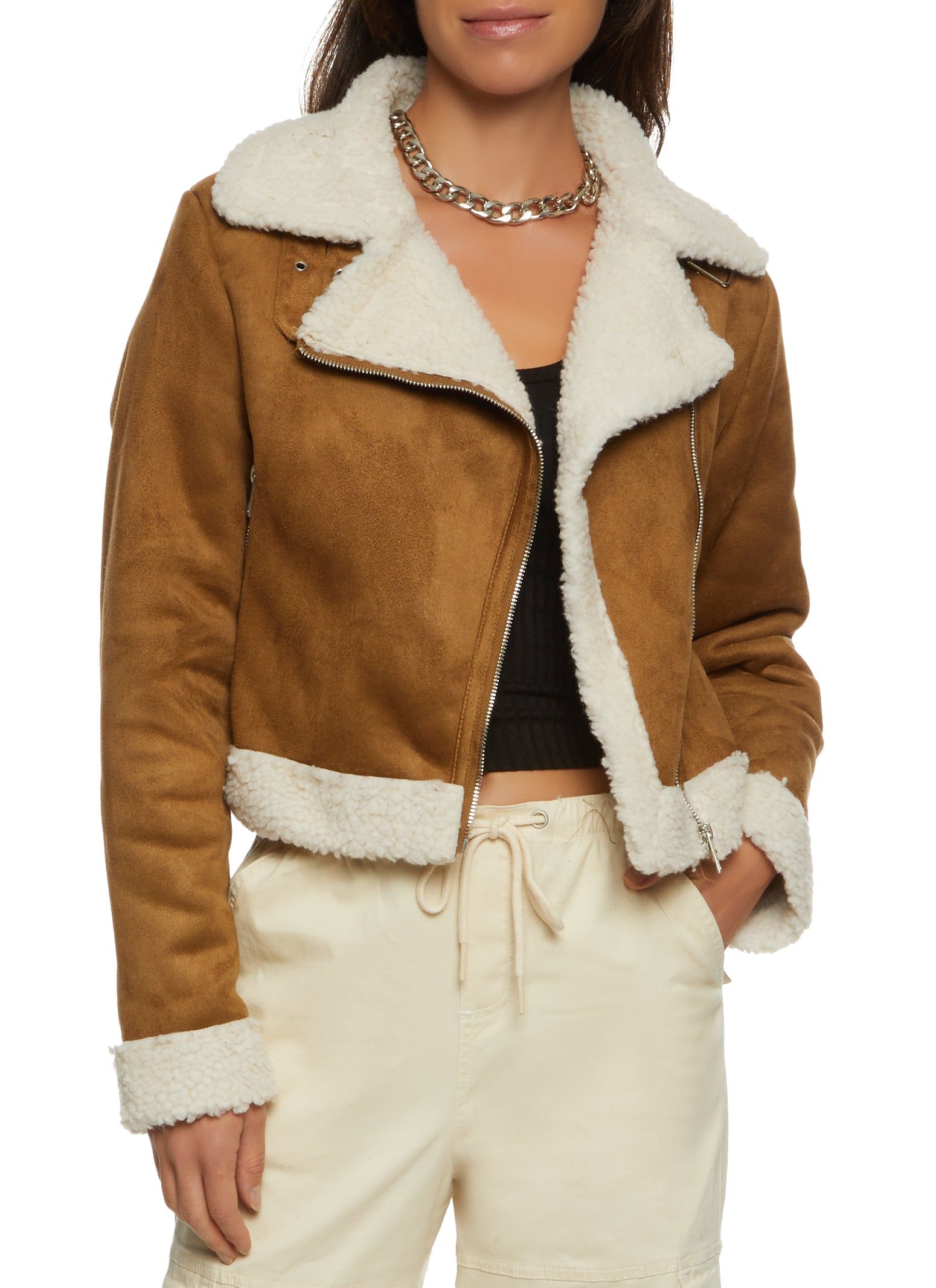 Faux Suede Sherpa Lined Moto Jacket sold by Rainbow