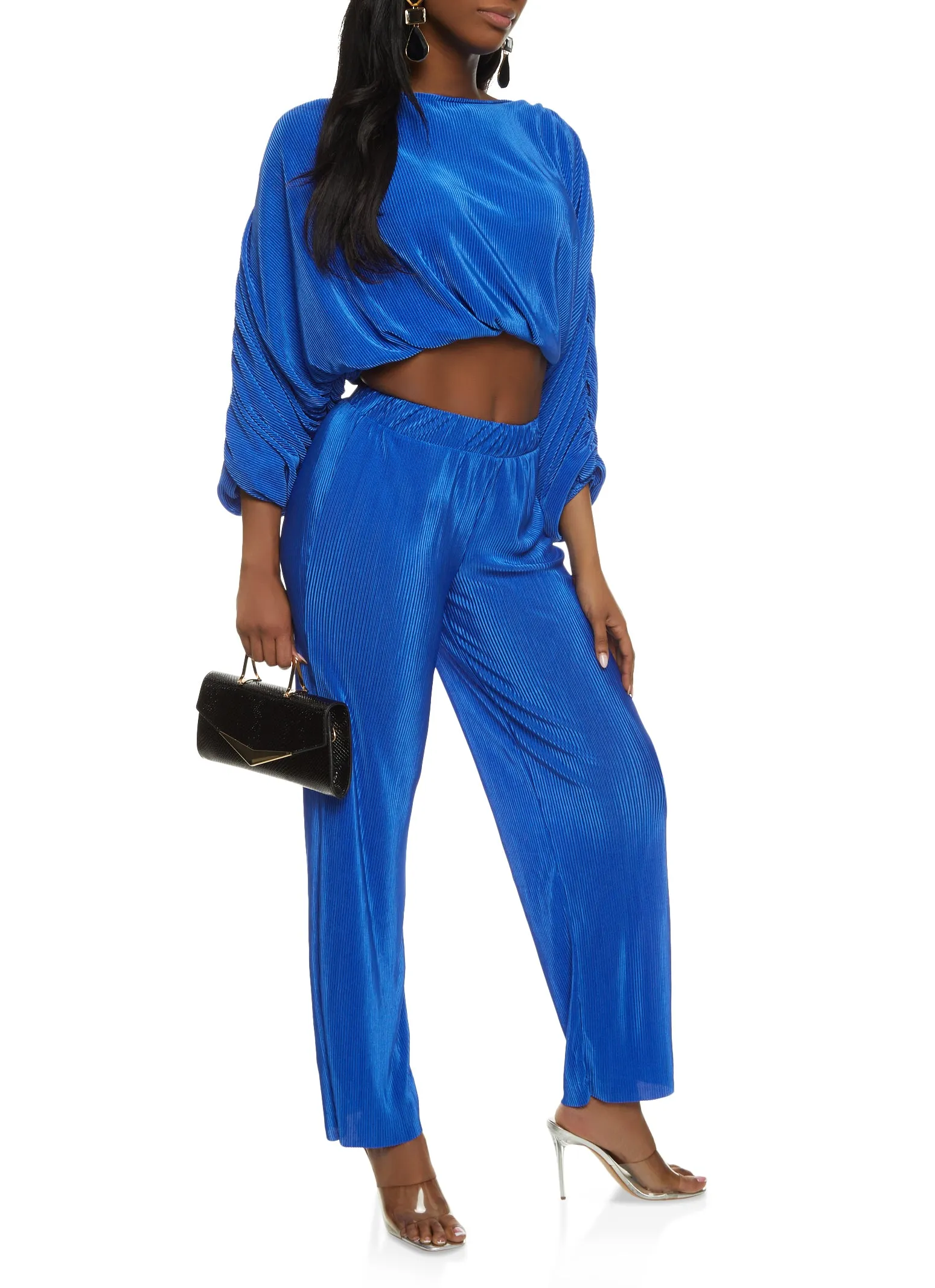 Plisse Ruched Sleeve Blouse and Wide Leg Pants sold by Rainbow