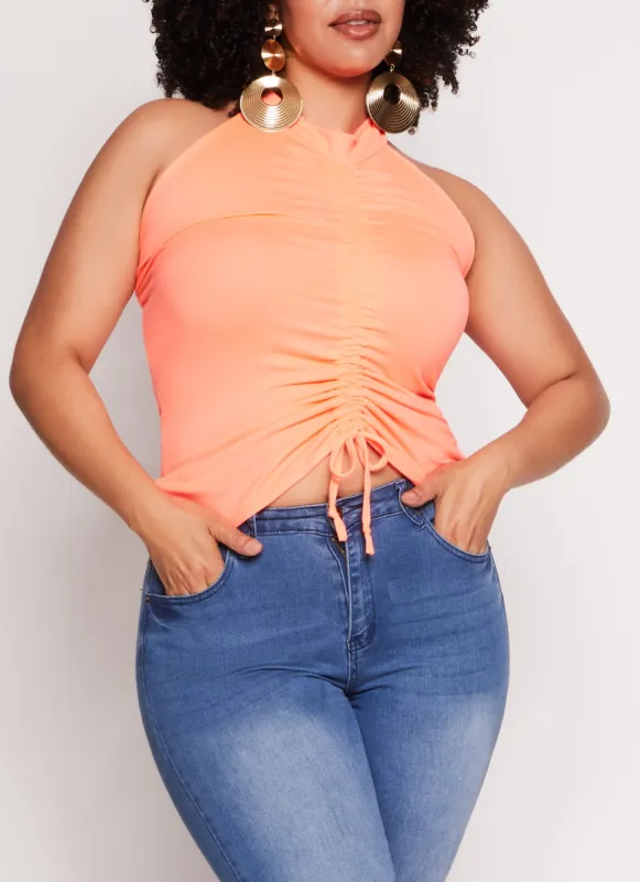 Plus Size Ruched Drawstring Halter Top sold by Rainbow