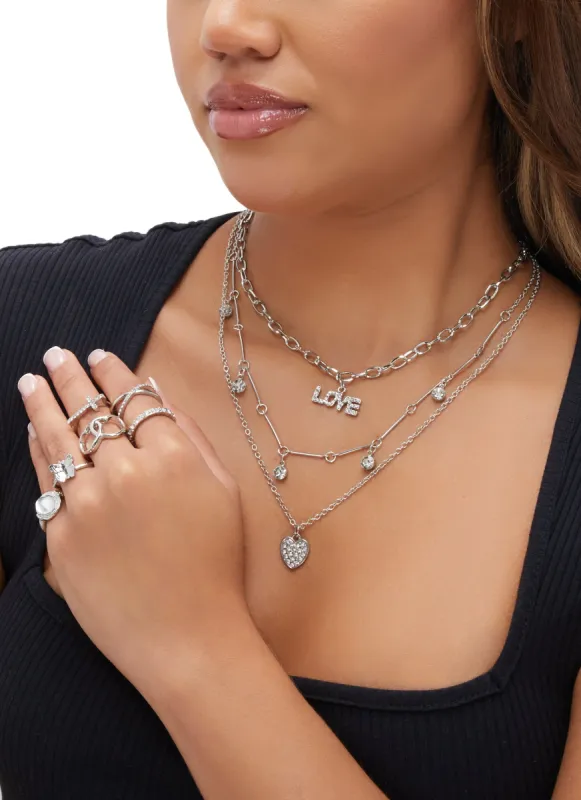 Love Heart Charm Layered Necklace with Rings Set sold by Rainbow