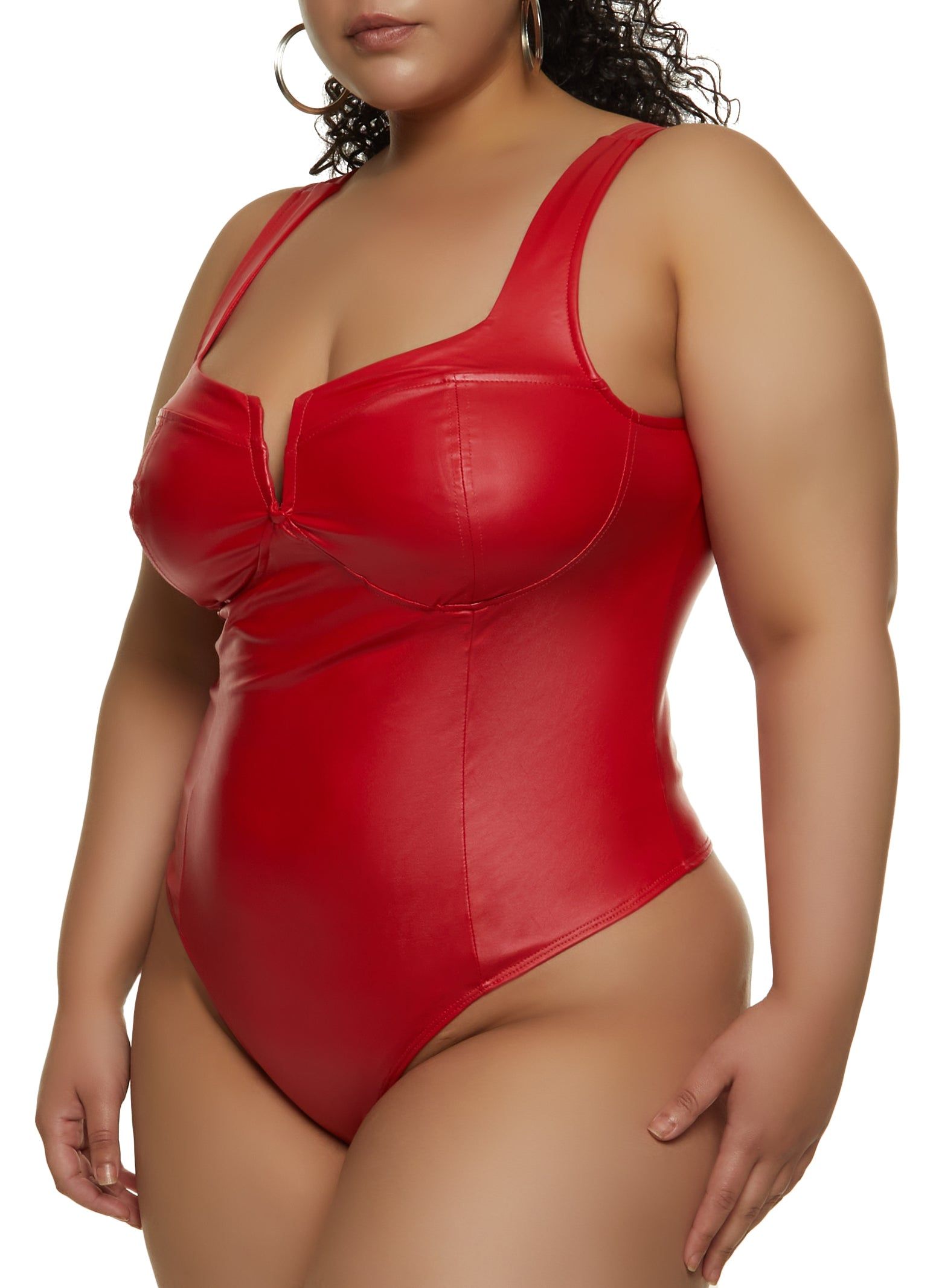 Plus Size Faux Leather Notch Neck Bustier Bodysuit sold by Rainbow