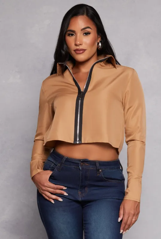 Solid Zip Front Cropped Shirt sold by Rainbow