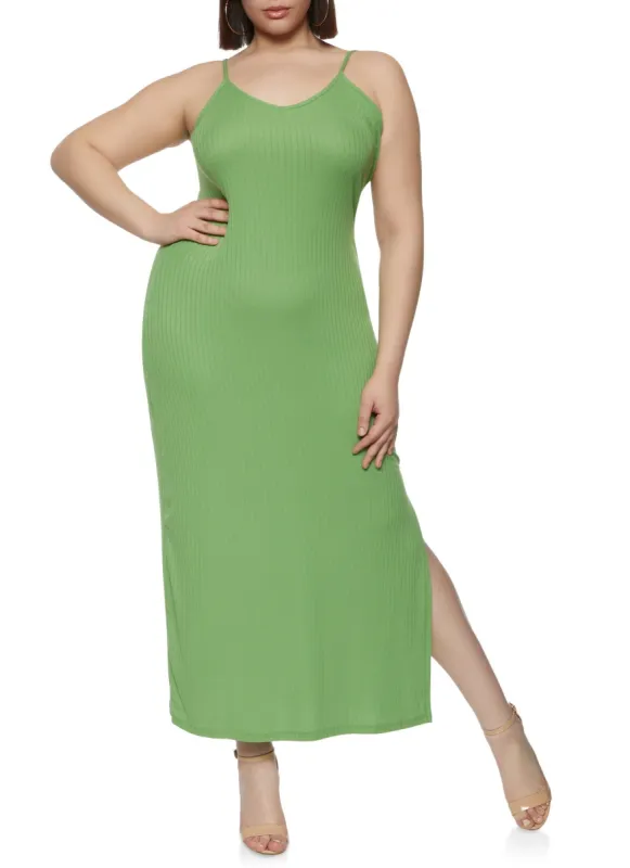 Plus Size Ribbed Knit Solid Side Slit Dress sold by Rainbow