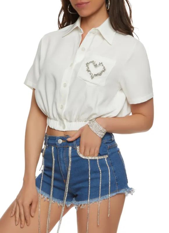Rhinestone Heart Button Front Cropped Shirt sold by Rainbow