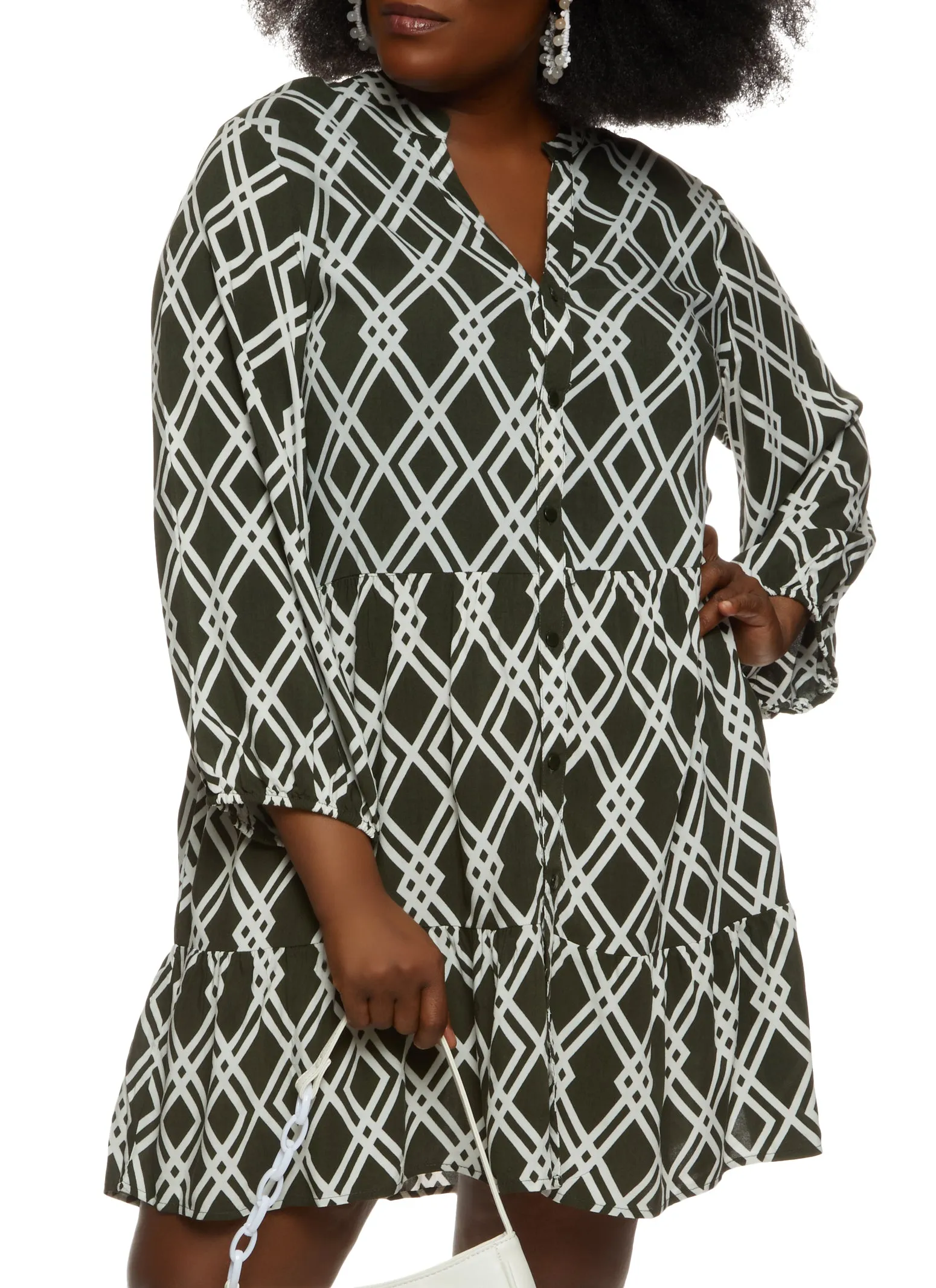Plus Size Geo Print Tiered Shirt Dress sold by Rainbow