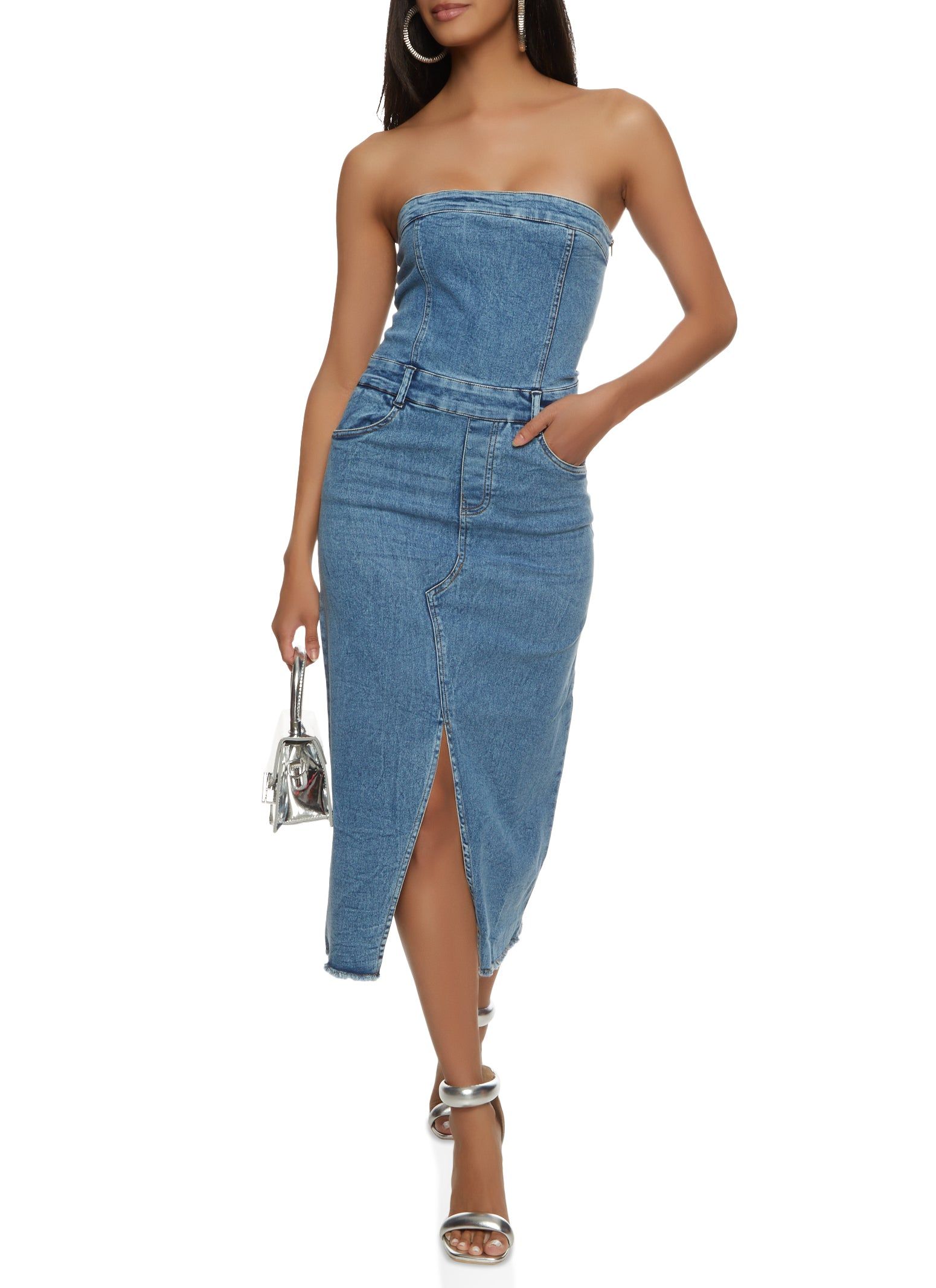 Denim Front Slit Frayed Hem Tube Dress sold by Rainbow