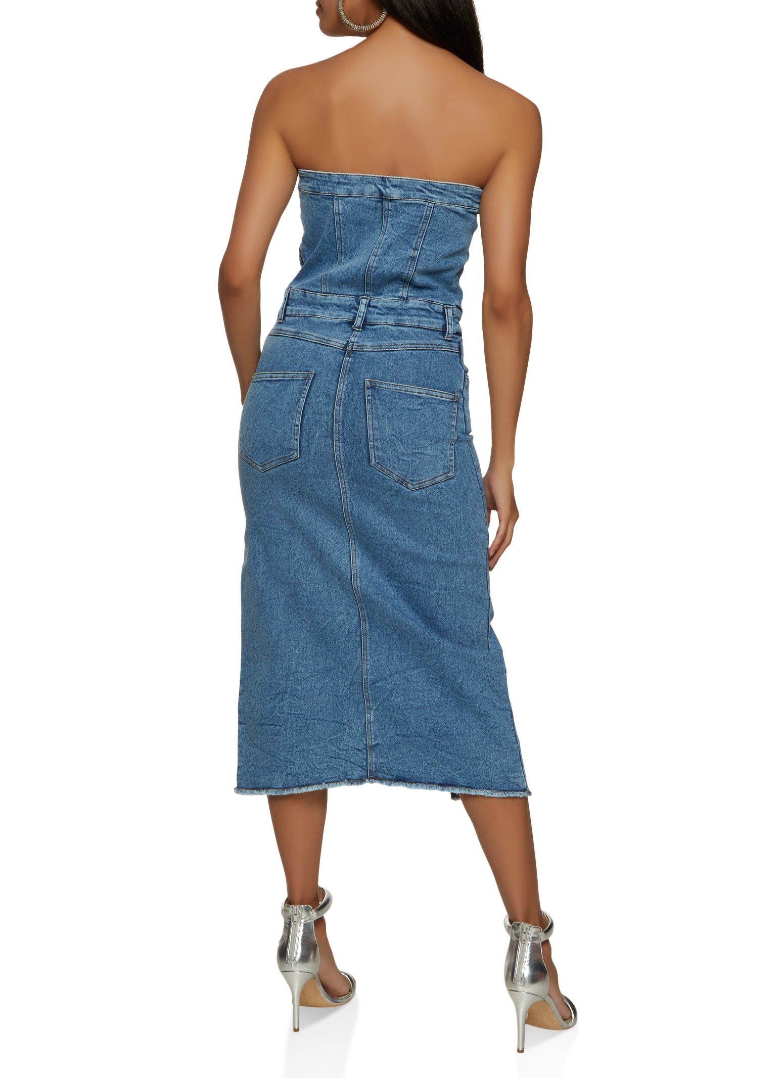 Denim Front Slit Frayed Hem Tube Dress sold by Rainbow product image thumbnail 3