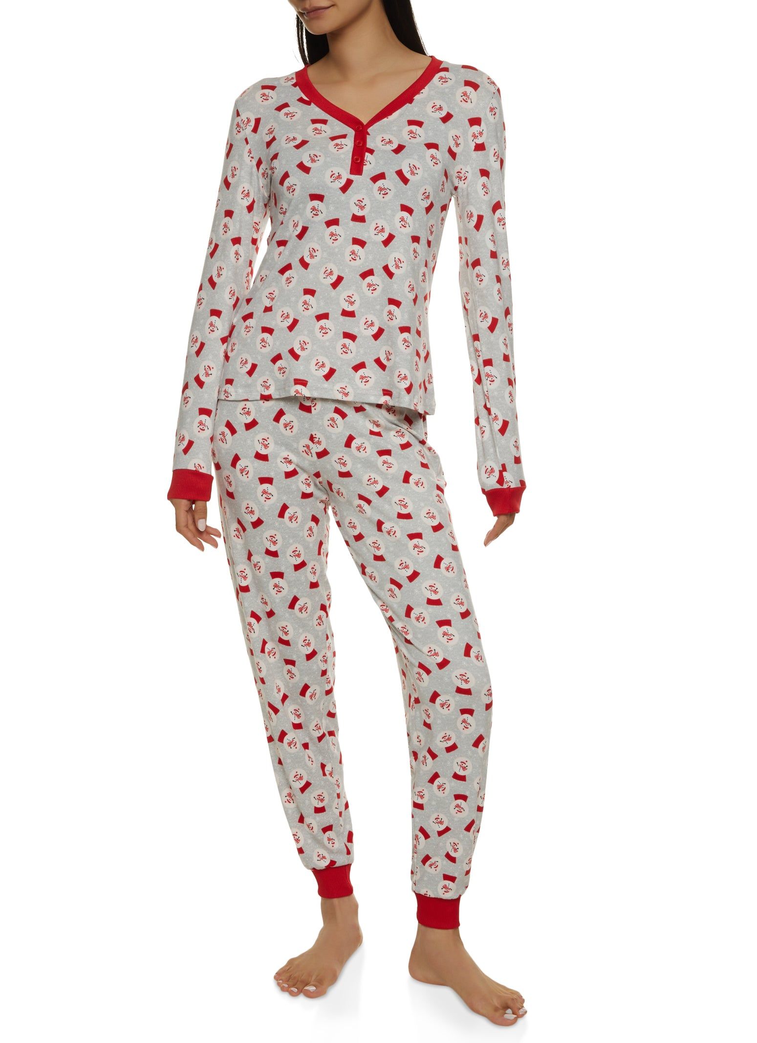 Snowman Graphic Print Henley Pajama Top and Pants Set sold by Rainbow