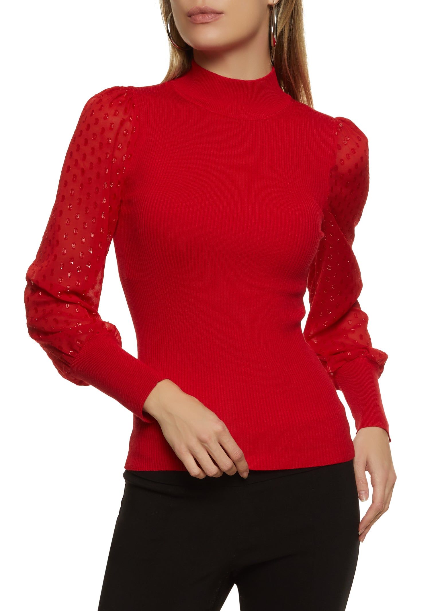 Swiss Dot Lurex Sleeve Mock Neck Sweater sold by Rainbow