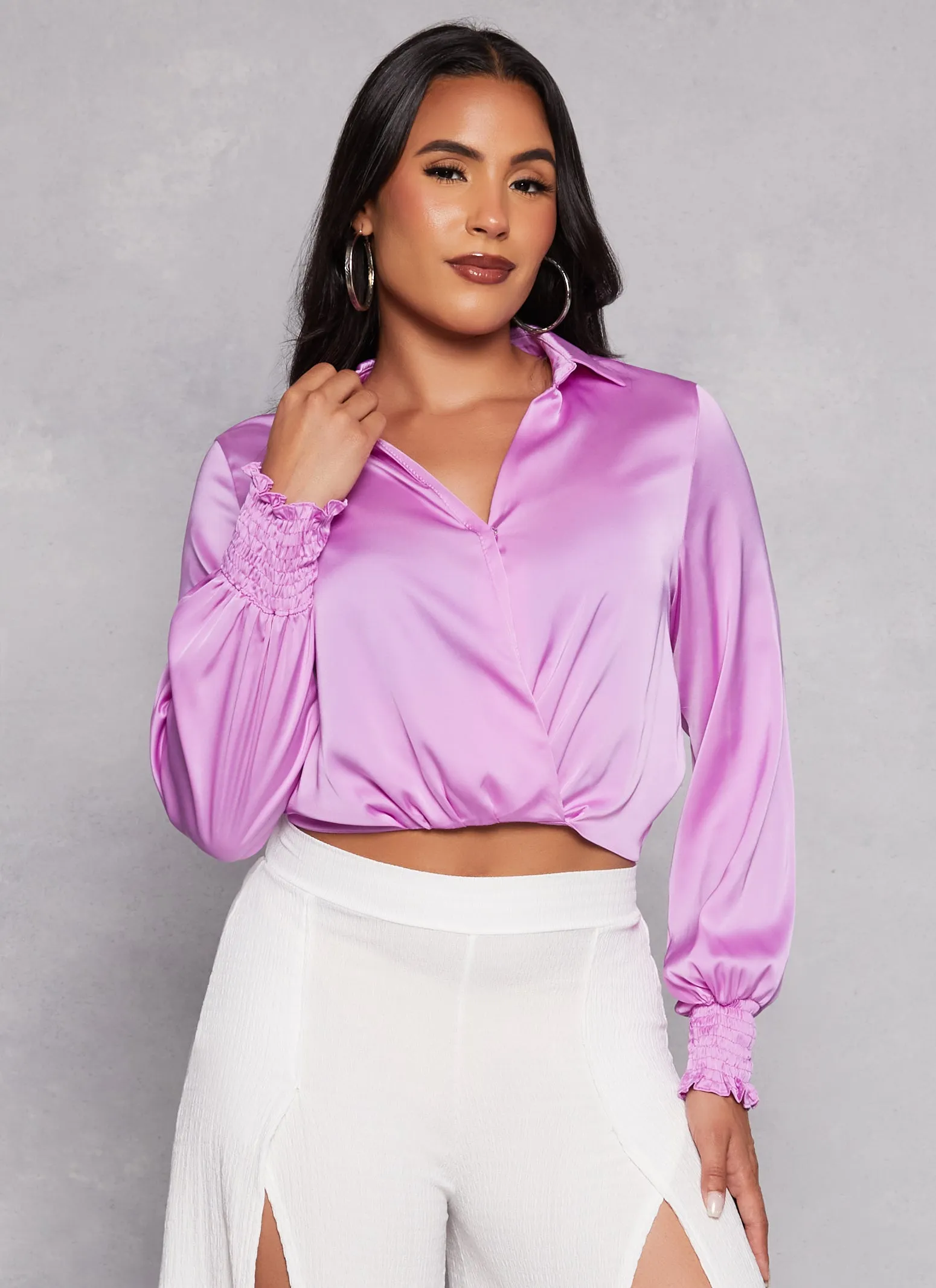 Satin Puff Sleeve Faux Wrap Shirt sold by Rainbow